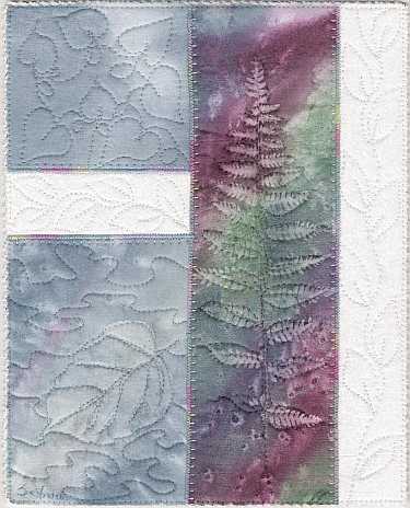 Blue with rainbow fern Sunprint Mini Art Quilt, Sue Andrus Gardens